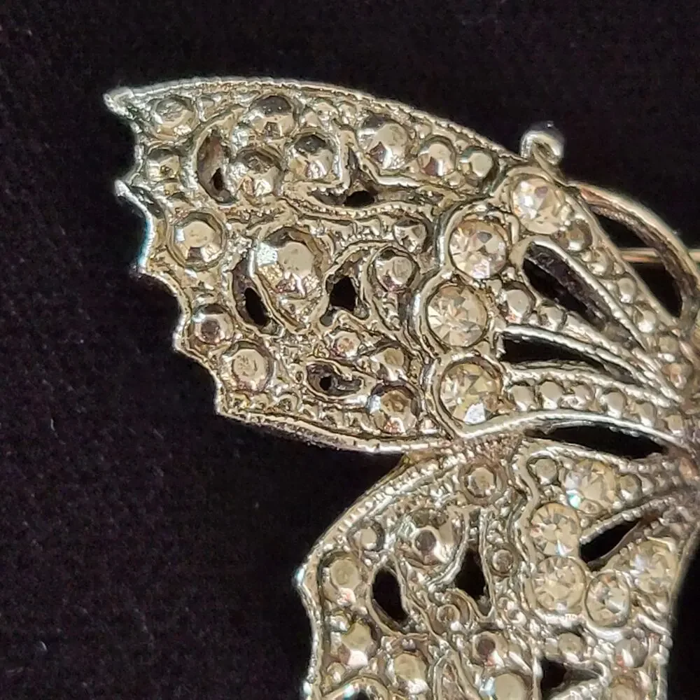 Vintage Butterfly Brooch Green Purple Rhinestone Faux Marcasite Cabochon Belly